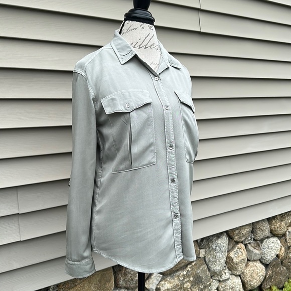 Calvin Klein Utility Roll Tab Sleeve Button Down Blouse - Tarragon Green - Picture 2 of 16